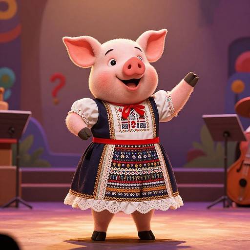 CGI pig in traditional German dress, standing on stage with musical instruments, smiling, waving, colorful background, festive, animated style.