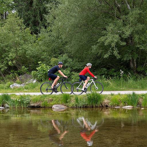 Cyclists Riding Along Tranquil Stream