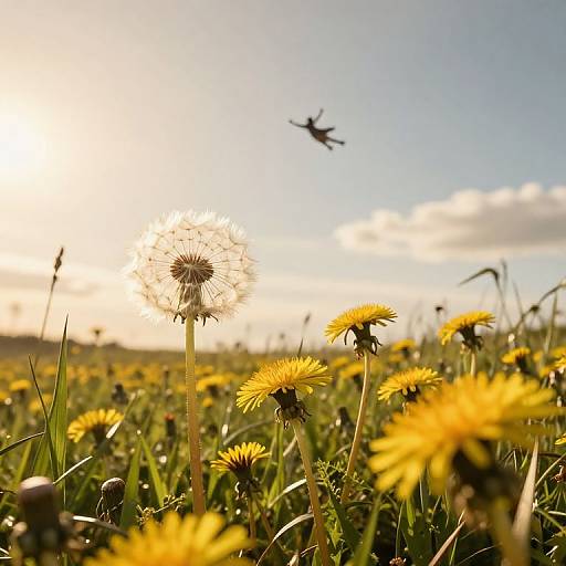 Sunlit field of yellow daisies and a prominent dandelion, with a flying bird in the clear blue sky. Photograph.