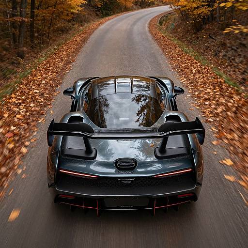 Photograph of a sleek, black, high-performance sports car with a large rear spoiler driving down a winding, autumn-leaved road.