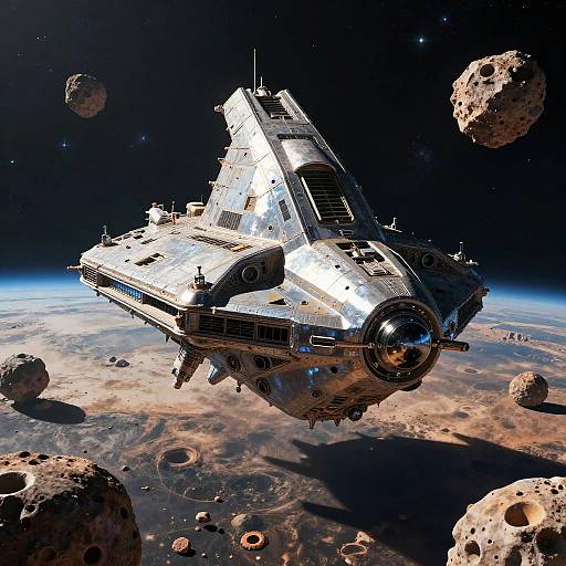 Realistic Alien Spaceship Over Asteroids
