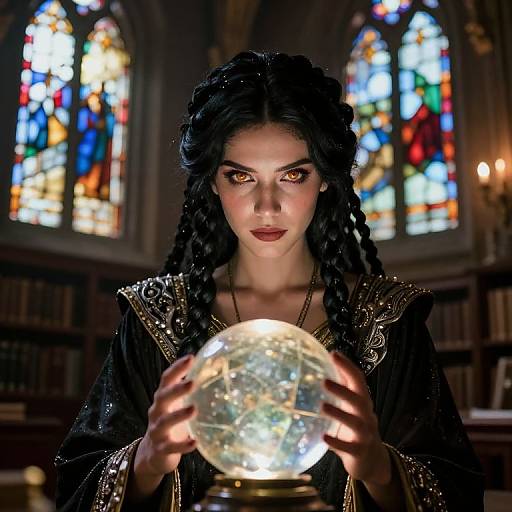 A dark-haired woman with braided hair, wearing an ornate black dress, holds a glowing crystal ball in a dimly lit library with colorful stained