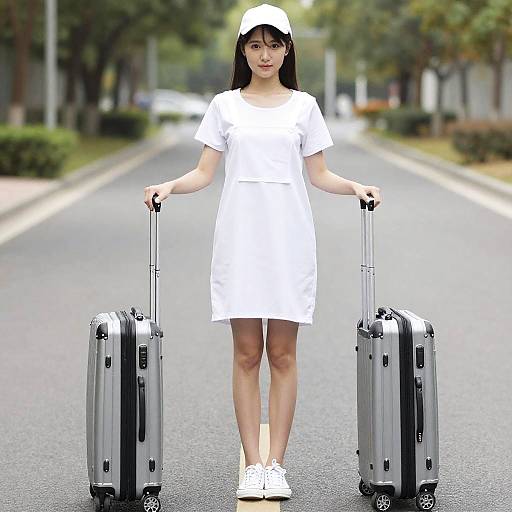 Woman in Summer Dress with Suitcase