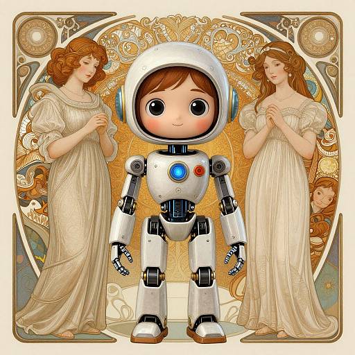 Digital illustration: Chibi-style robot with large eyes and white helmet, flanked by two elegant, fair-skinned women in flowing white dresses, set