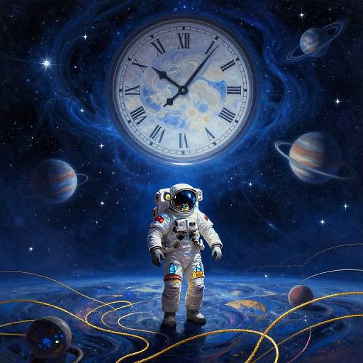 Digital artwork of a lone astronaut in a white spacesuit standing on a starry, planet-filled space floor beneath a giant, glowing clock in the dark