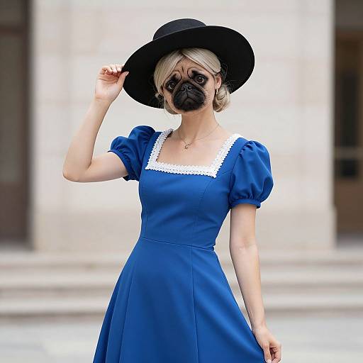 Photorealistic digital art of a blonde woman in a blue dress with white trim, black wide-brim hat, and black mask, standing outdoors against