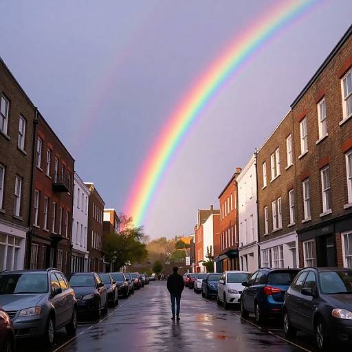 Photograph of a person walking down a rain-soaked street with parked cars, flanked by brick buildings, under a vibrant rainbow.