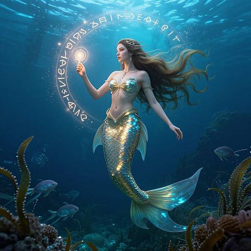 Photorealistic digital art: Mermaid with shimmering golden scales and long brown hair, holding a glowing orb, surrounded by underwater corals and fish