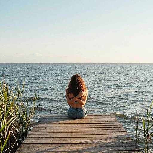 Photograph of a person with curly brown hair, arms crossed, sitting on a wooden dock, facing a calm, expansive blue ocean under a clear sky