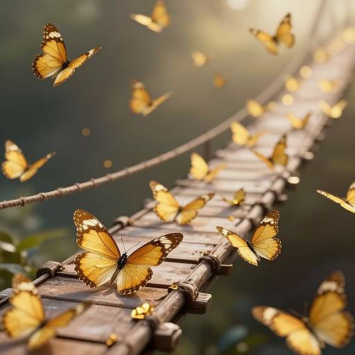 Photograph of bright yellow butterflies with black spots flying around a rustic wooden bridge, bathed in sunlight, with a blurred green forest background.