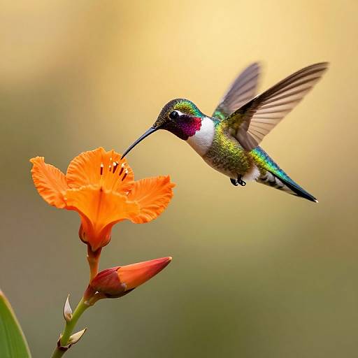 Iridescent Hummingbird Over Orange Flower