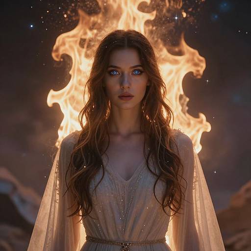 Digital artwork of a woman with glowing blue eyes, long wavy brown hair, and a sheer white dress, standing in front of a large, fiery