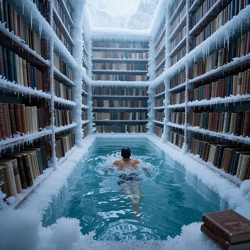 Photograph of a man swimming in an icy bookshelf-lined aisle, surrounded by icicles, with blue water and snow-covered books.