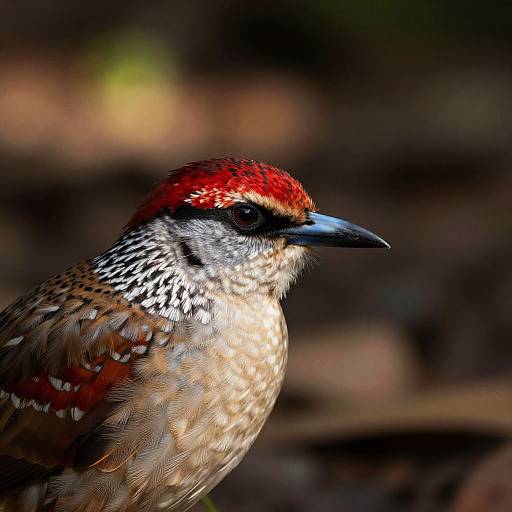 Close-up photograph of a red-headed woodpecker with vibrant red crown, black-and-white speckled neck, and brownish feathers, set against
