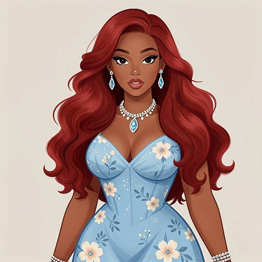 Digital illustration of a beautiful dark-skinned woman with long red hair, wearing a light blue floral dress, pearl necklace, and teardrop earrings,