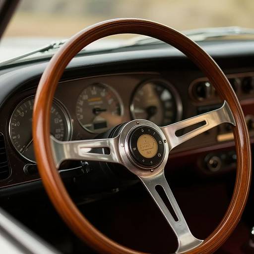 Photograph of a classic wooden steering wheel with silver spokes and a circular emblem, set against a vintage dashboard with analog gauges.