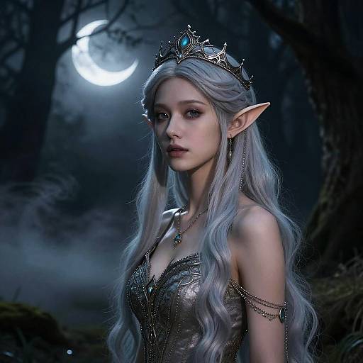 Digital artwork of a silver-haired, elf-like woman with pointed ears, wearing a jeweled crown and chain-adorned dress, under a moonlit