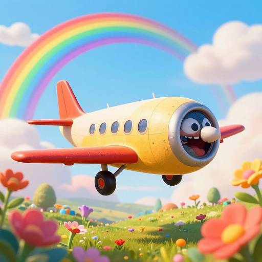 Whimsical Caricatured Airplanes Over Fantasy Landscape