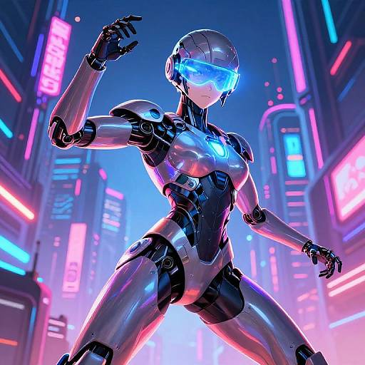 Cyberpunk-style CGI of a sleek, metallic android woman with glowing blue visor, neon-lit city background, and futuristic, vibrant colors.