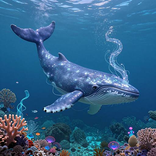 Photograph of a majestic blue whale with sparkling skin, swimming gracefully above a vibrant, colorful coral reef in deep blue ocean water.