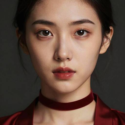Photograph of an East Asian woman with fair skin, dark hair, red lipstick, and a dark red choker, against a black background.