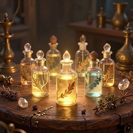 Photograph of glowing, candle-lit glass bottles with botanicals on a wooden table, surrounded by pinecones and crystals, in a dimly