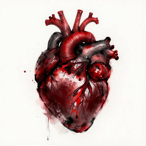 Digital illustration of a stylized, red and black human heart with detailed arteries and valves, set against a white background.