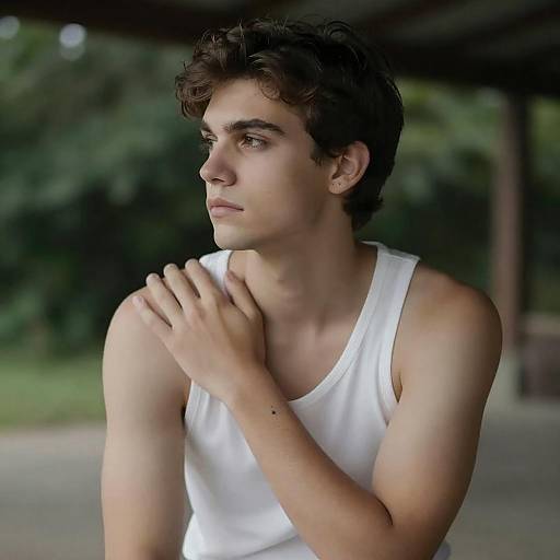Pensive Young Man in White Tank Top