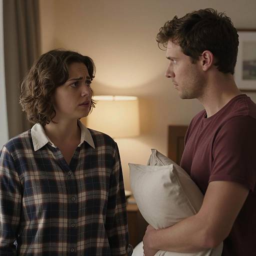 Concerned Woman and Man in Dimly Lit Room