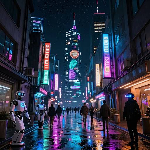 Neon-lit cyberpunk street at night, rain reflecting on wet pavement; humanoid robots, glowing signs, people walking, tall skyscrapers in
