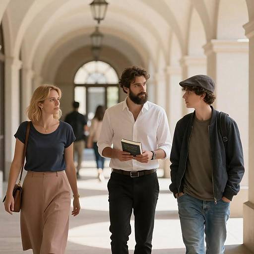 Photograph of three people walking in an arched colonnade: bearded man in white shirt holding book, blonde woman in navy top and pink