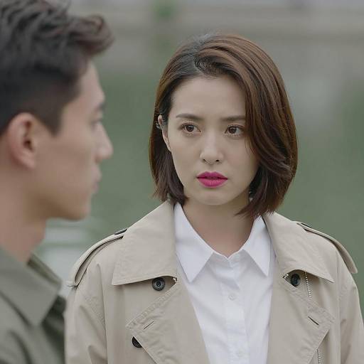 Woman in Beige Jacket with Intense Gaze Outdoors