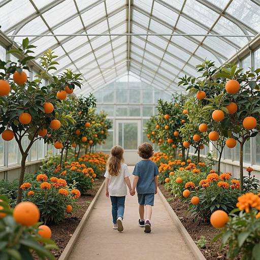 Photograph of a young girl and boy walking hand-in-hand through a greenhouse with orange trees and vibrant orange flowers.