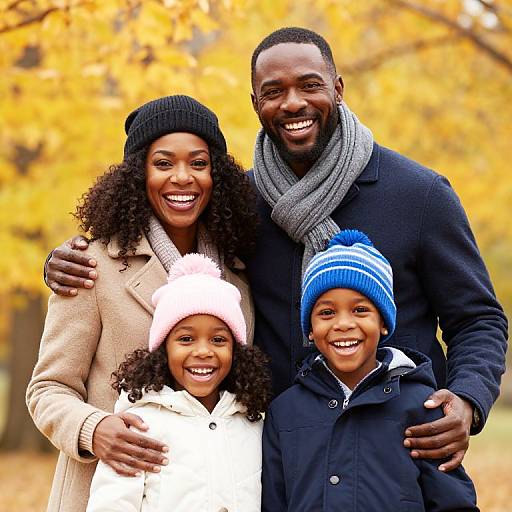 Photograph of a smiling African-American family in autumn: mother in beige coat, black beanie, father in black coat and gray scarf, and two