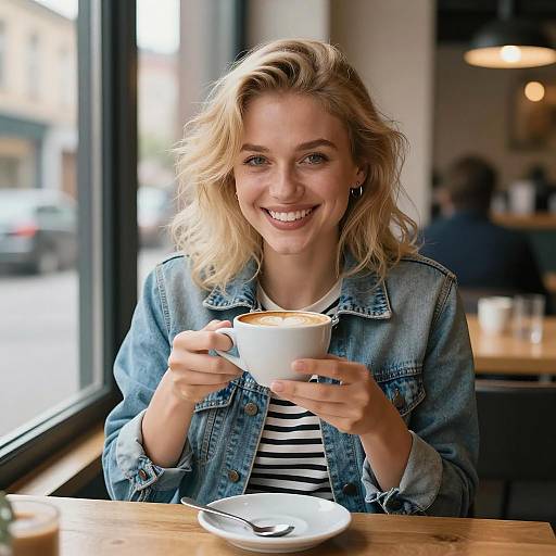 Cheerful Blonde Enjoying Coffee in Café