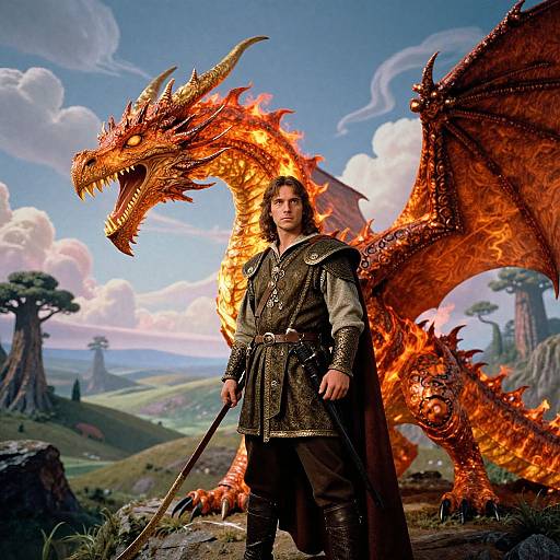 Photorealistic fantasy artwork: armored man with long brown hair stands confidently beside a fiery, orange dragon with large wings in a lush, cloud-filled landscape