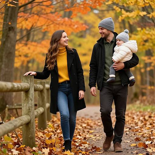 Photograph of a smiling brown-haired woman in a yellow sweater and black coat, holding hands with a bearded man in a gray beanie, carrying