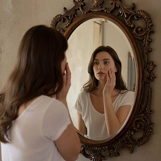 Photograph of a woman with long brown hair, wearing a white t-shirt, standing before an ornate oval mirror, touching her cheek, reflecting a
