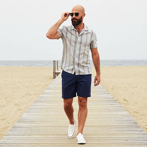 Photograph of a bald, bearded man in a striped shirt, navy shorts, and white sneakers walking on a wooden boardwalk at a sandy beach