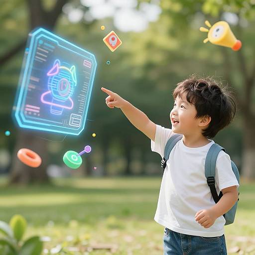 Joyful Child With AI Hologram