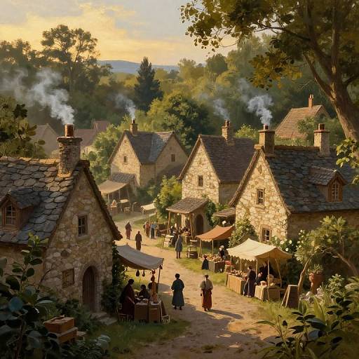 Digital painting of a quaint, sunlit village with stone cottages, people in Victorian clothing, outdoor market stalls, and smoke rising from chimneys.