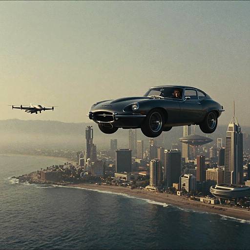 Retrofuturist Flying Muscle Cars Over Solarpunk City