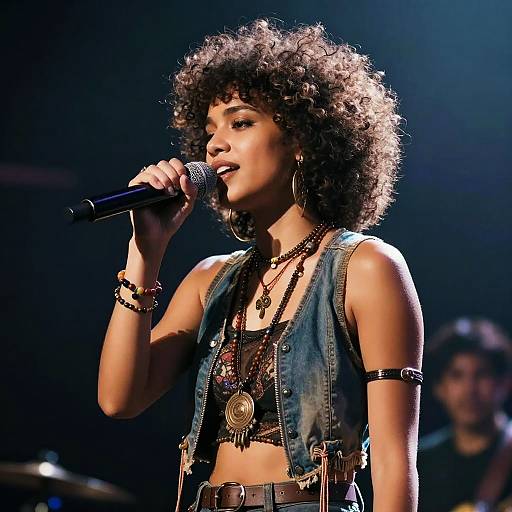 Photograph of a curly-haired female singer with brown skin, wearing a denim vest, black lace top, and multiple necklaces, passionately singing into a