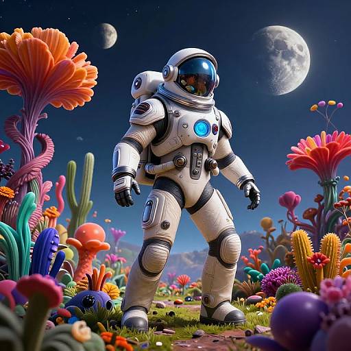 CGI image of a white astronaut with a blue light on chest, standing in a vibrant, colorful alien landscape under a moonlit sky.