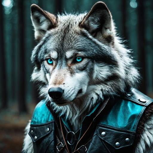 Anthropomorphic Grey Wolf with Turquoise Eyes in Leather Vest Anthropomorphic Grey Wolf with Turquoise Eyes in Leather Vest