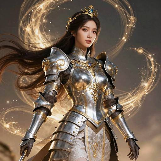 Digital artwork of an Asian woman in shimmering, gold-accented medieval armor with flowing black hair, crowned, and surrounded by glowing golden circles.