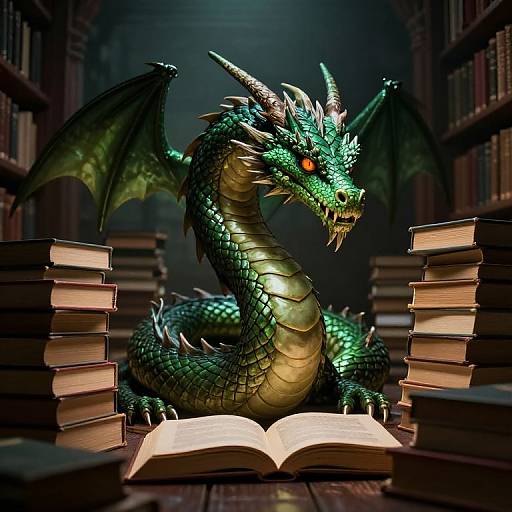 Digital illustration of a vivid green dragon with glowing red eyes, sitting among stacks of books, reading an open book in a dim, library-like setting.