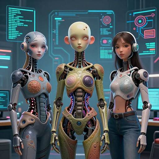 CGI image of three futuristic, cybernetic women with exposed mechanical parts, neon-lit background, wearing headphones, and denim jeans, standing in