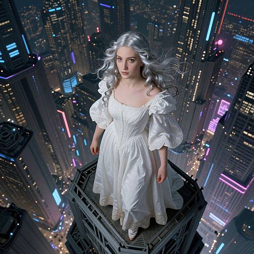 Digital art of a silver-haired girl in a white, puffy dress standing on a skyscraper rooftop, surrounded by a neon-lit, futuristic city