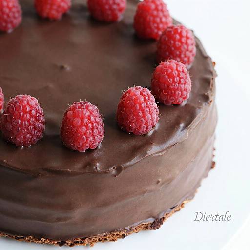 Photograph of a rich, chocolate-covered cake with fresh, vibrant red raspberries evenly spaced on top, white background, 